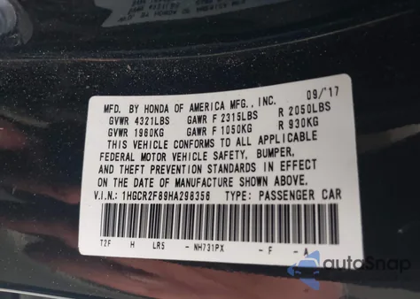 2017 Honda Accord Ex-L from USA, damaged, VIN 1HGCR2F89HA298356